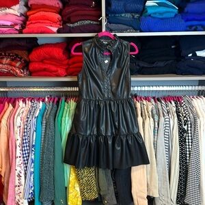 Fate black faux leather sleeveless v neck tiered ruffle cooler dress size S NWT